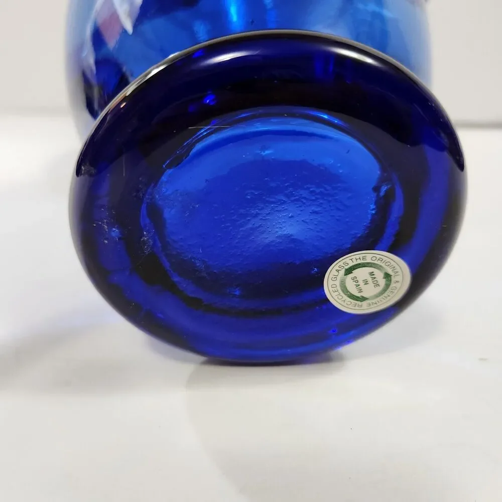 Vintage Cobalt Blue Hand Blown Vase Glass Applied Handles Made In Spain